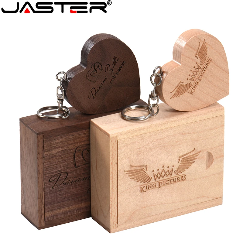 

JASTER Wooden Heart USB Flash Drives 128GB Creative Wedding Gift Memory Stick 64GB Free Custom Logo Pen Drive 32GB Metal Box 16G