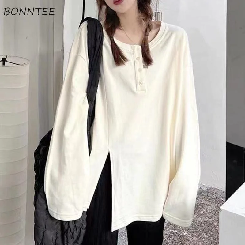 

Long Sleeve T-shirts Women Solid Split Loose Students Basic Design All-match Soft Korean Style Casual Simple Футболка Женский