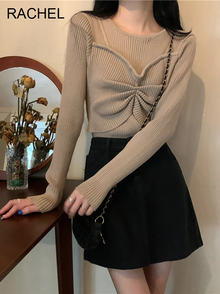 

Ранняя осень 2021 корейский дизайн чувственный вязаный ленивый стильный свитер с длинным рукавом Блузка для женщин