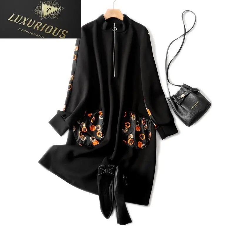 

Dresses For Women 2024 New Office Lady A-line Print Full Pockets Korean Fashion Clothing Empire O-neck Winter Dress Woman 4XL