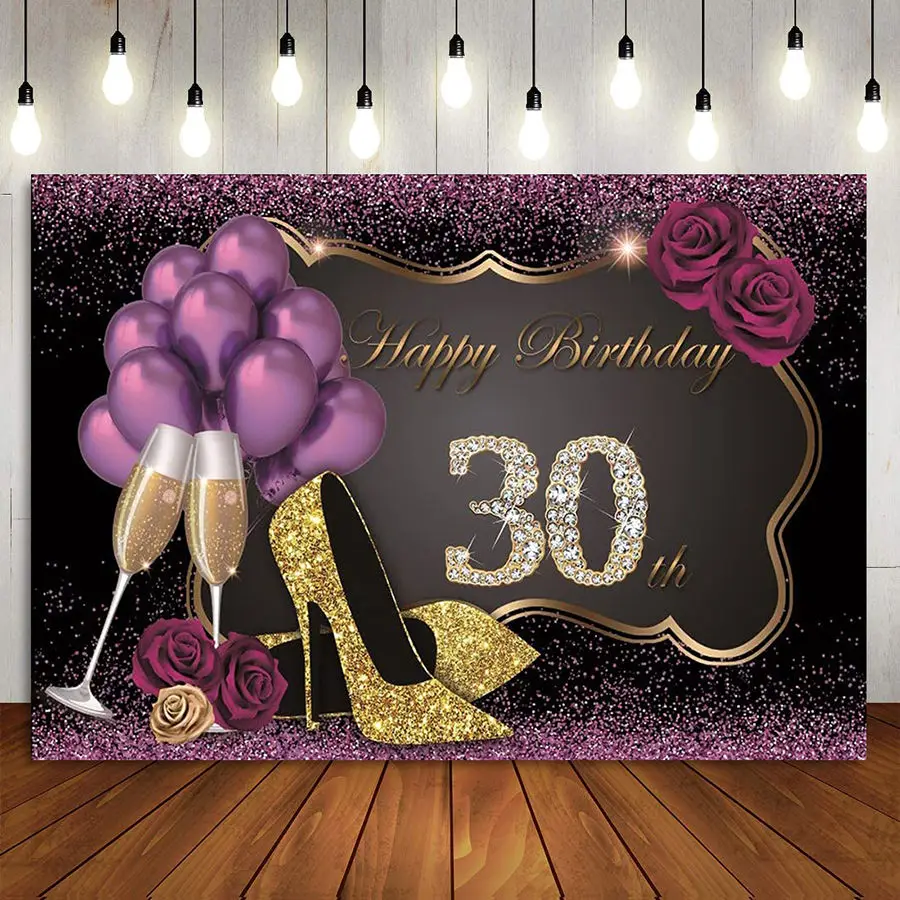

30th Birthday Party Backdrop for Women Dark Purple Gold High Heels Rose Champagne Thirty Years Old Background Photo Booth Banner