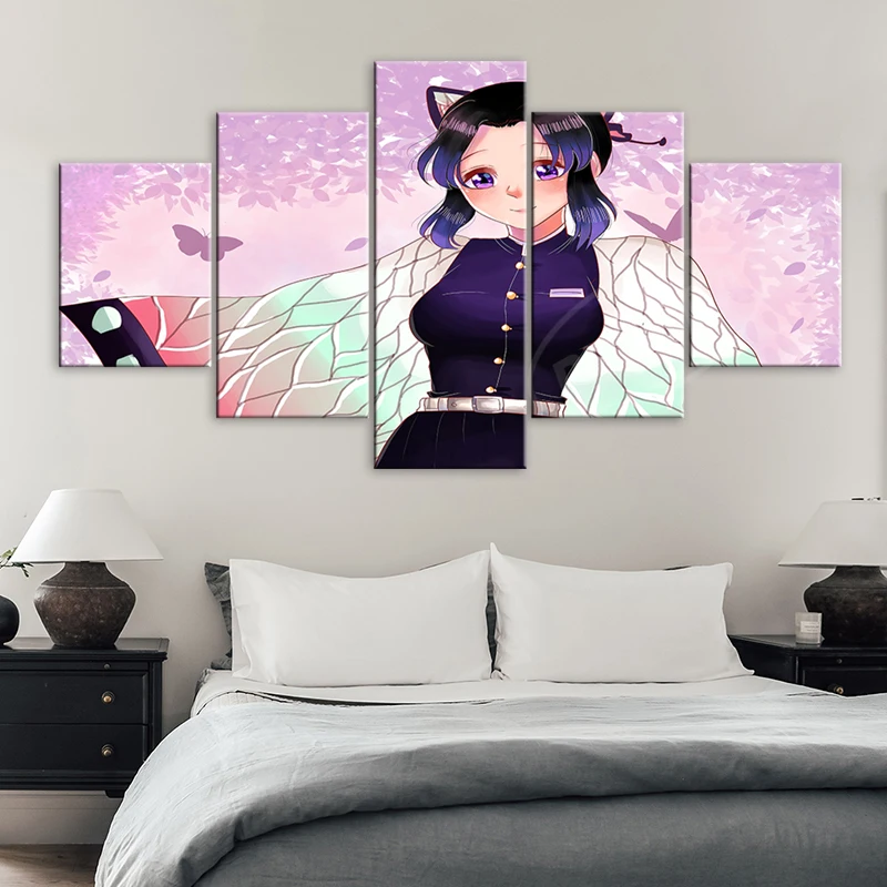 

Kochou Shinobu Poster 5 Pcs Demon Slayer Canvas Paintings Anime Modular Pictures Wall Art Butterfly Girl Prints Home Decor Frame