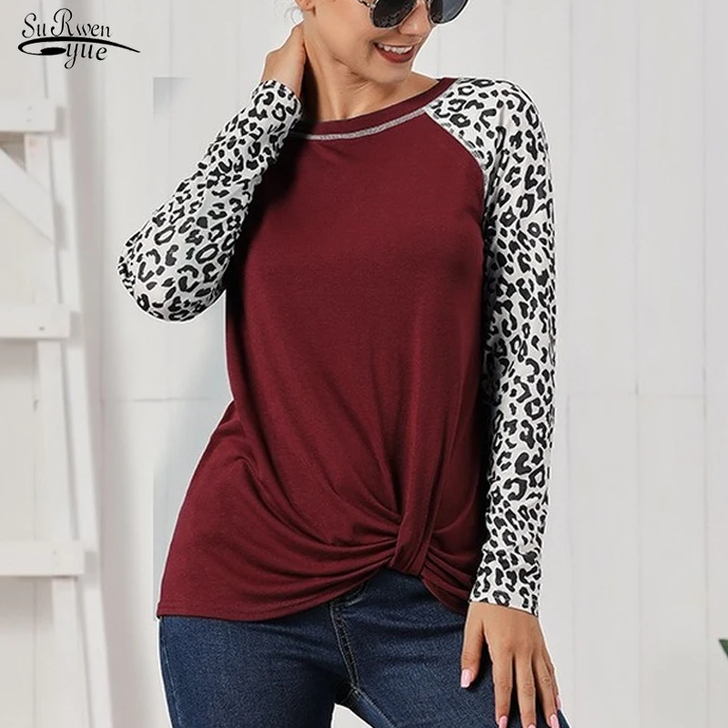 

Хлопковая футболка с длинным рукавом и леопардовым принтом, Свободный Топ в европейском и американском стиле, женская одежда на весну-осень...