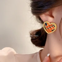 japanese and korean style black and red contrast plaid love earrings fashionable temperament design earrings retro new earrings
