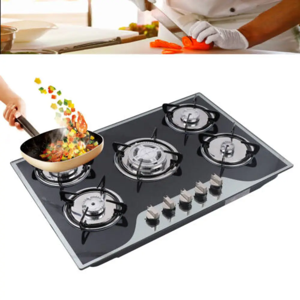 

Black Built in 5 Adjustable Hob Burners LPG / NG Gas Stove Cooktop Cooker with 5*nozzles & Enamel Cover for Different Families