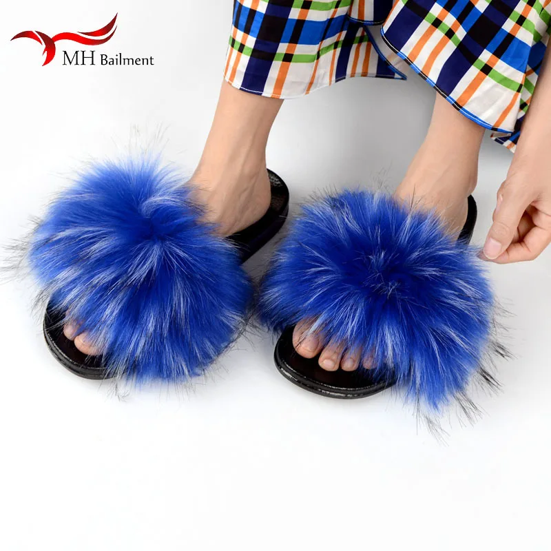 Fashion Summer Faux Fur Slippers Women Furry Slides Home Fluffy Flat House Floor Flip Flops Luxury Sandals Winter Warm Slippers