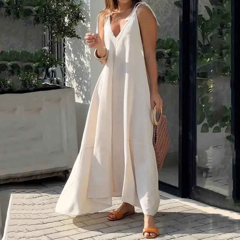 

Casual Loose V-Neck Sleeveless Long Solid Color Dress for Summer Women Europe and America New Women's Elegant Fashion Dresses