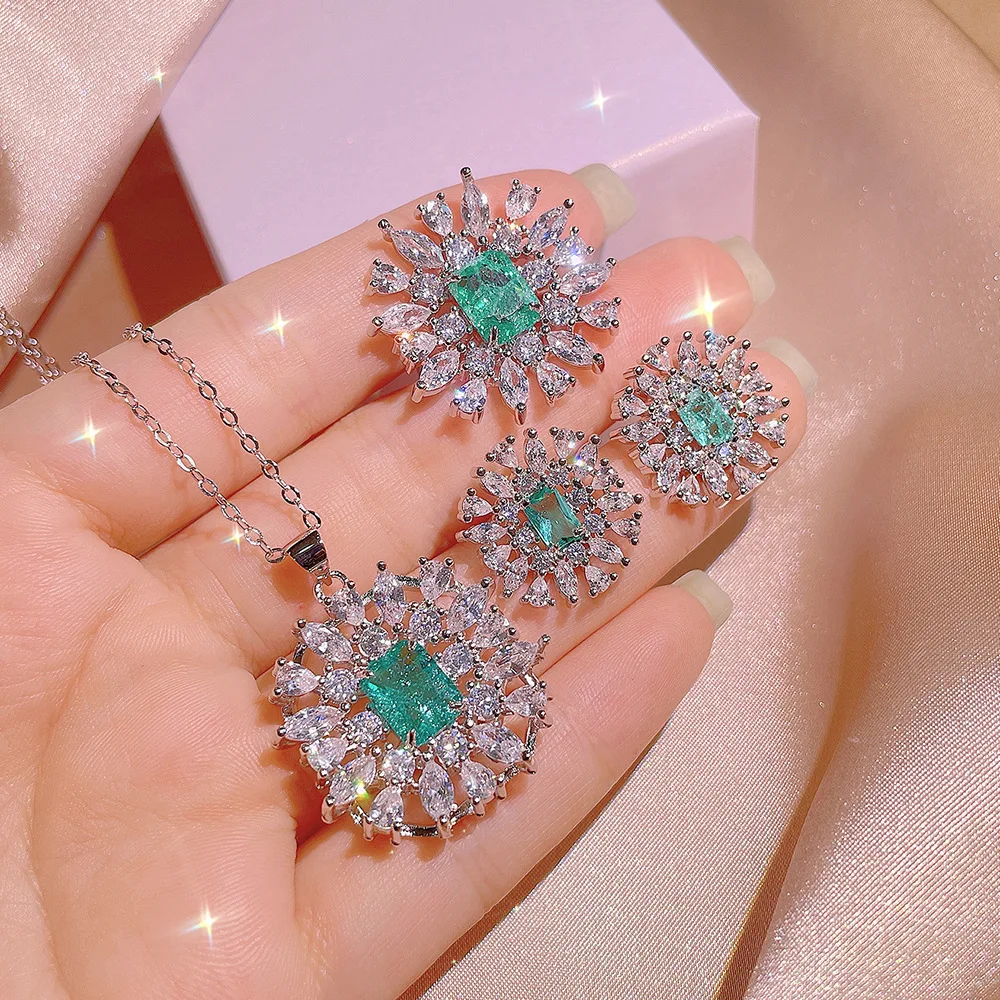 New Jewelry Three Piece Set For Women Luxury AAA Green Zircon Geometric Shape Ring Necklace Earrings Party |