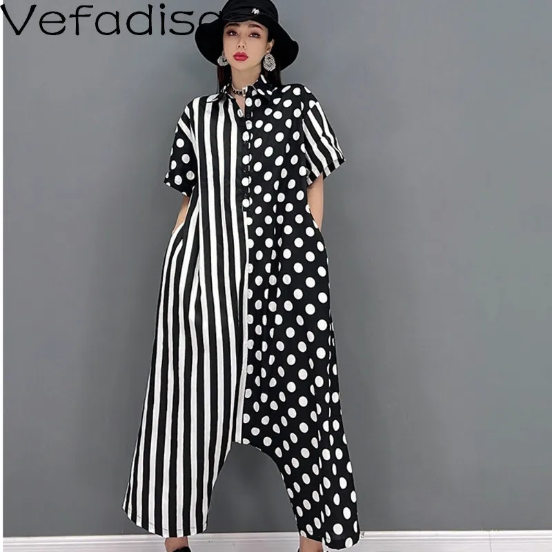 

Vefadisa Women High Waist Retro Rompers Loose Thin Stripe Printing Polka Dots Splicing Irregular Rompers 2023 Summer LHX953