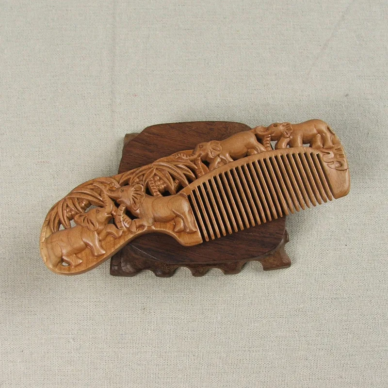Гребень для волос из натурального персика, деревянный портативный массажный гребень ручной работы с резным узором, ручная работа