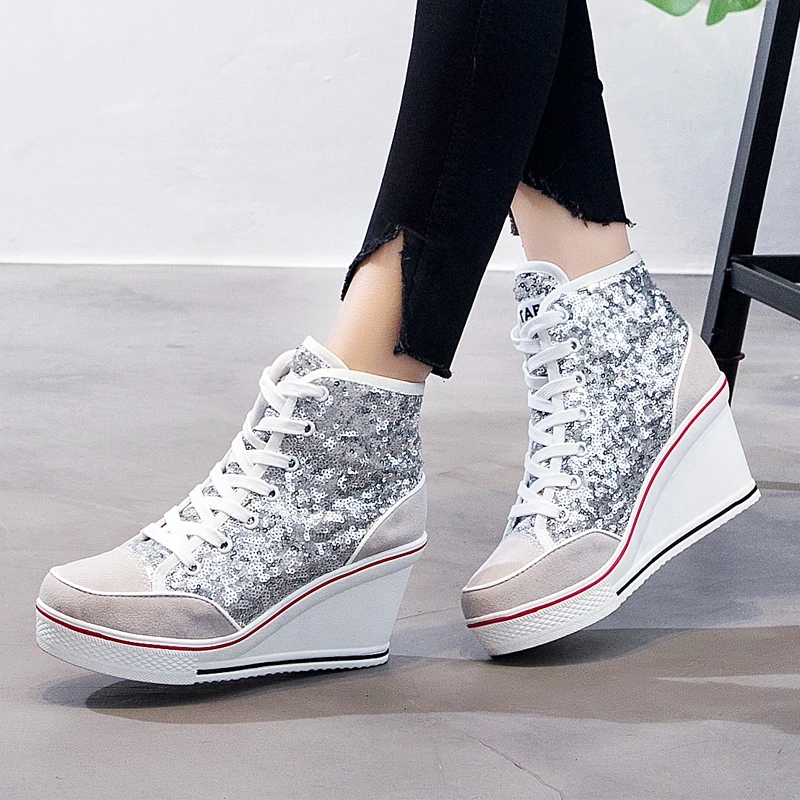 

Women Shoes Pink Black Silver Glitter Vulcanize Woman Platform Wedge Sneakers Casual Zapatos De Mujer