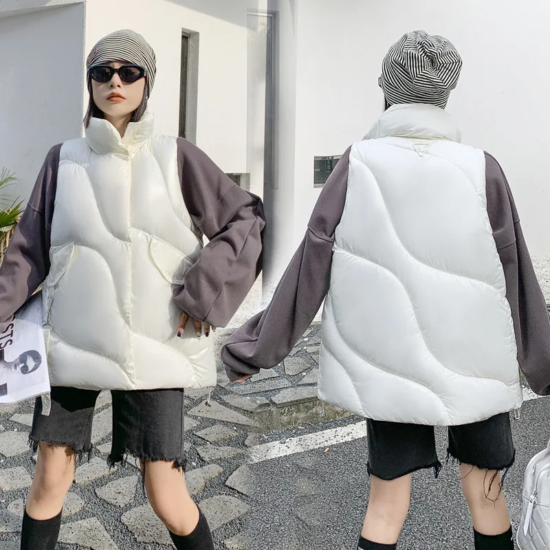 

Autumn Winter New Women Bright Surface Cotton Vest Fashion Design Sense of Casual Loose Plus Warm Solid Color Sleeveless Coats
