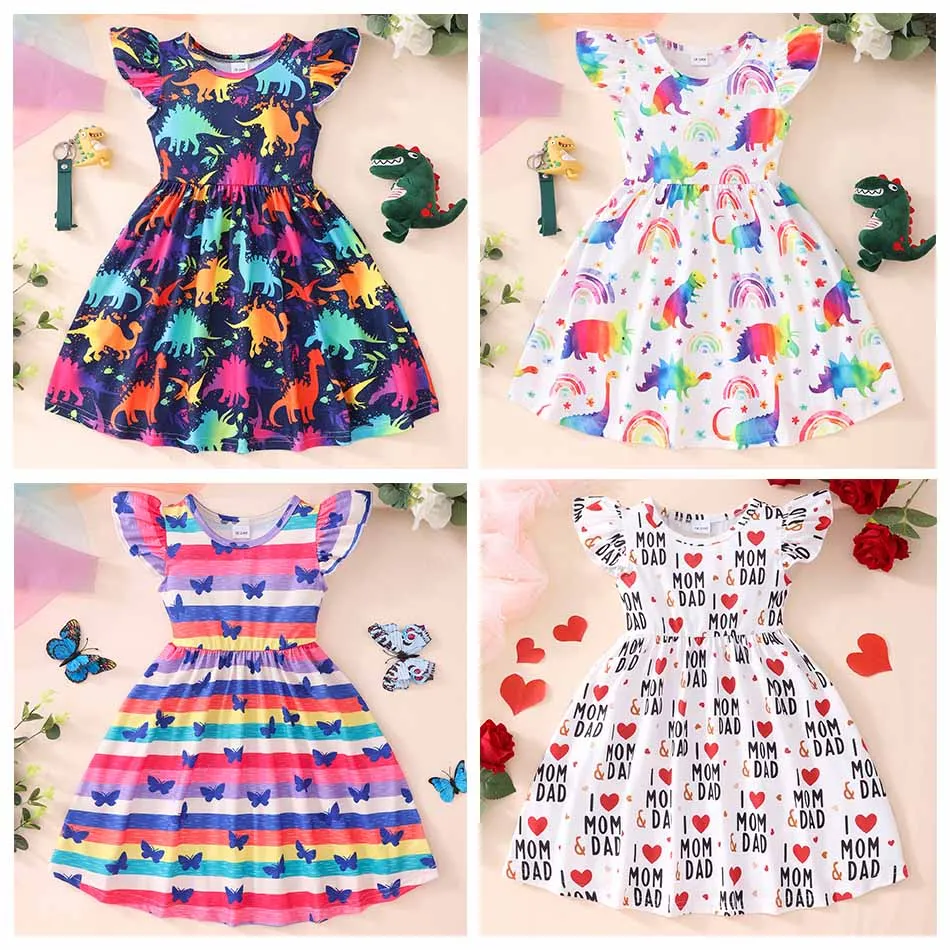 

Toddler Baby Girl Dress Clothes Fly Ruffle Sleeve Animal Dinosaur Print Tutu Skirt Sundress Summer Casual Dress 18M-8 Years