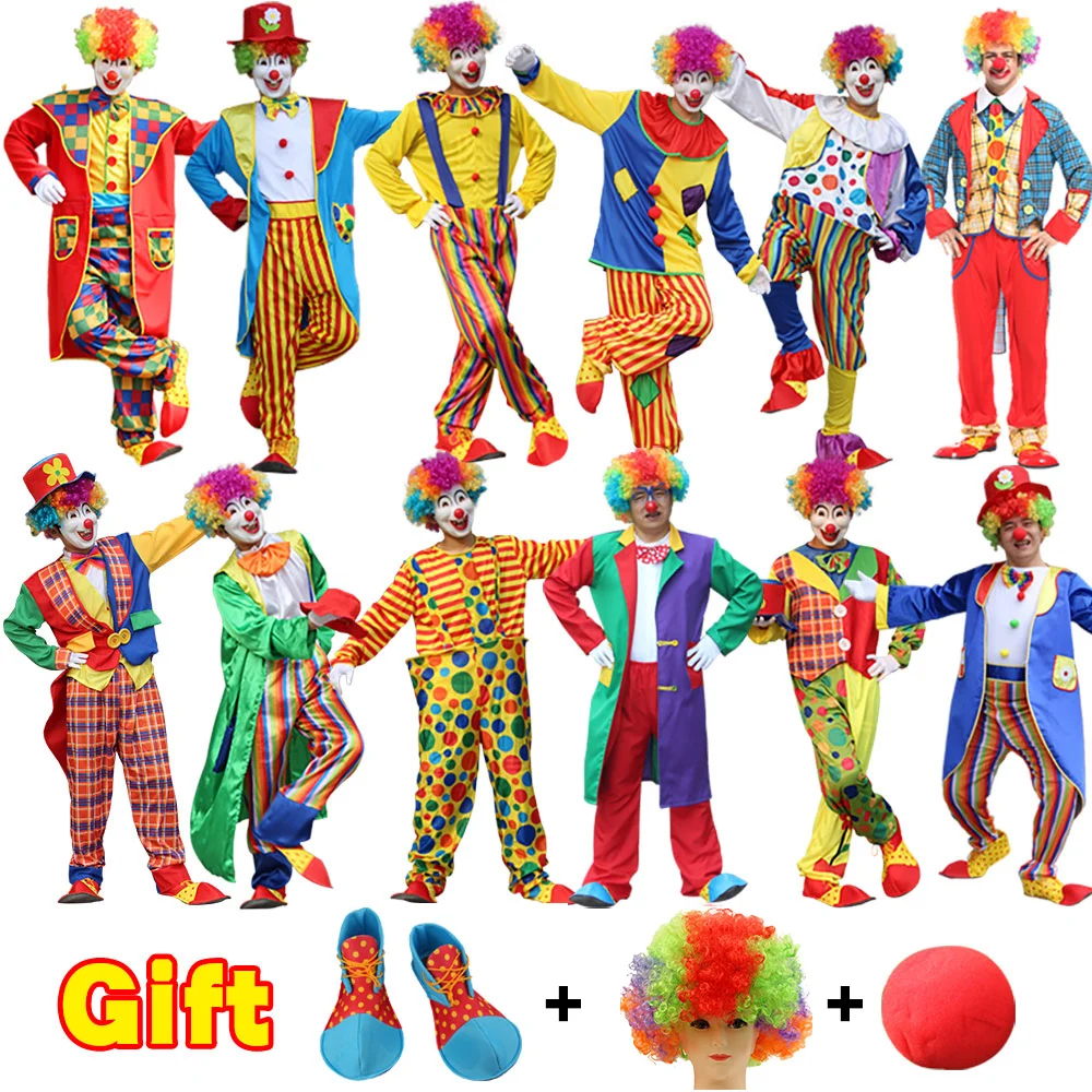 

Adult Circus Clown Costume for Men Women Show with Wig Shoes Haunted House Fancy Dress Up No Mask