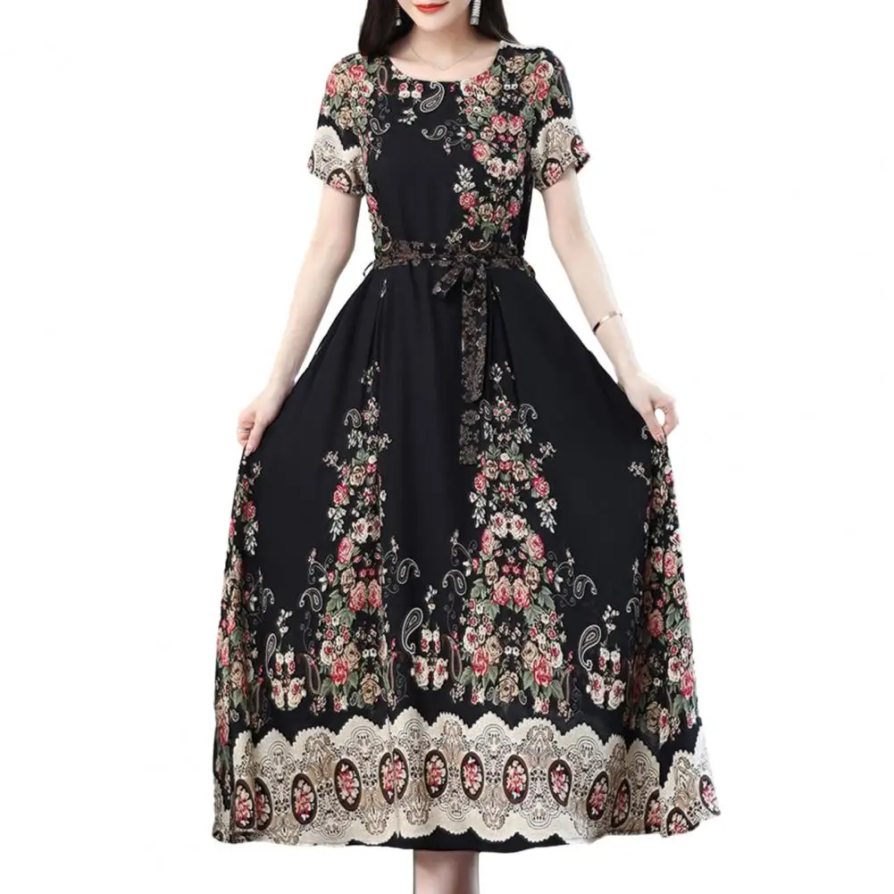 

Women A-line Dress Floral Print Mid-aged Ladies A-line Dress Elegant O-neck Midi with High Waist Belt Streetwear for Women Round