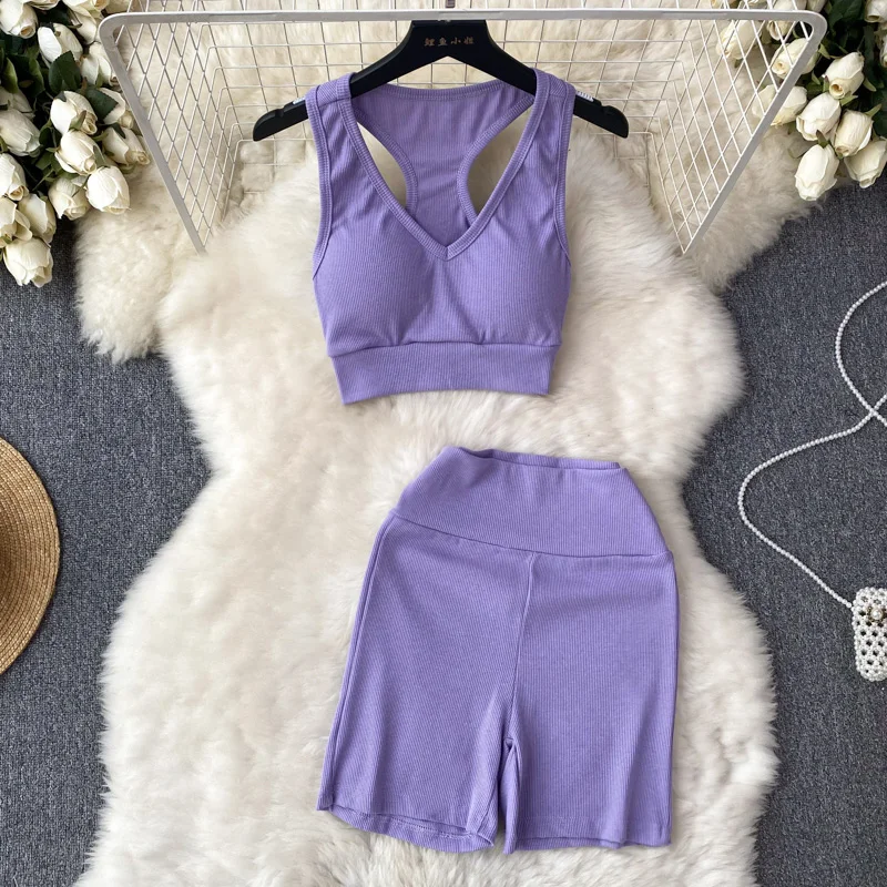 

Sleeveless Sports Suit for Feminine, Beautiful Back Top, High Waist, Monochromatic Hip Shorts, Comfortable, Casual, Summer,