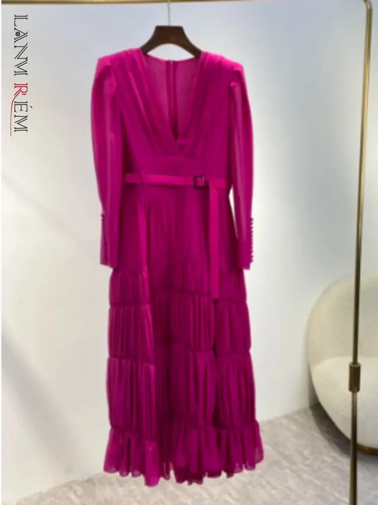 

LANMREM Elegant Belt Dress For Women V-neck Long Sleeves High Waist Fashion Party A-line Dresses Female Clothes 2023 New 32D674