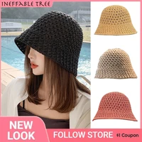 2022 korea handmade crochet floppy top summer hats for women hollow out knit dome bucket gorra wide brim foldable beach caps