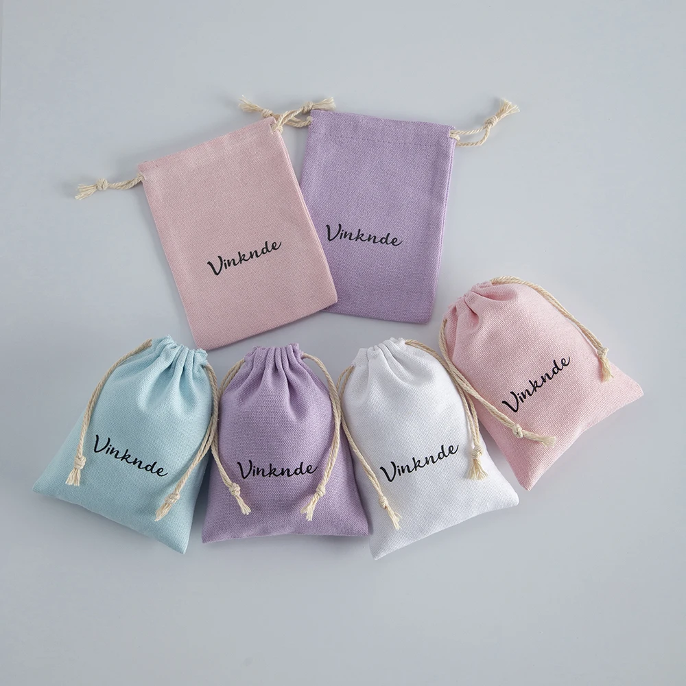 50pcs Linen Cotton Bag Pouches Custom Logo Ring Cosmetics Jewelry Packaging Bags Wedding Party Cute Drawstring Gift Storage Bags