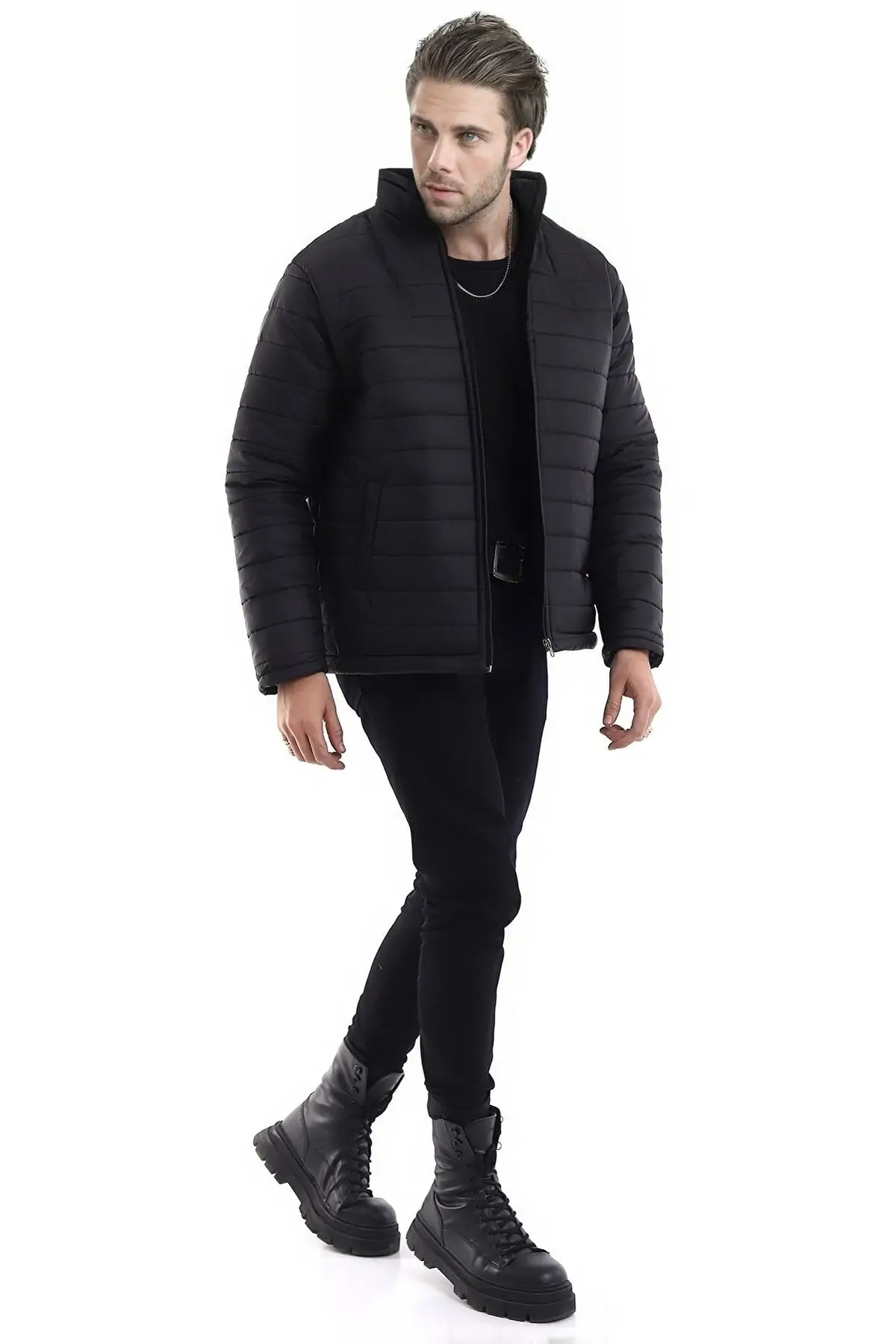 Men's Black Windproof Stand Collar Winter Coat