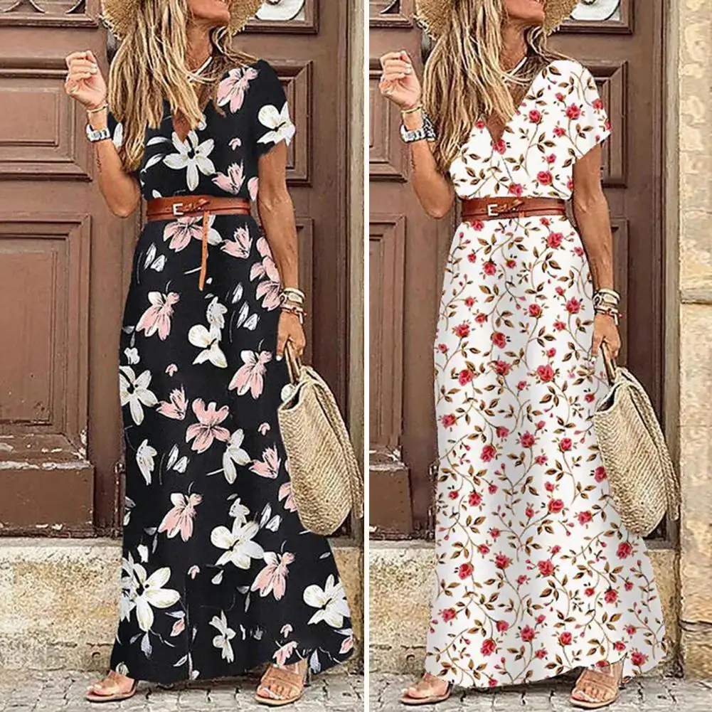 

Women Dress Floral Print Belt Spring Summer Bohemina A-Line Maxi Dress Beachwear
