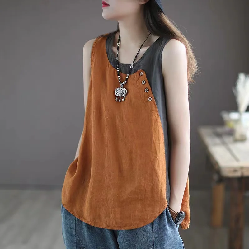 Летняя китайская традиционная женская одежда хлопково-льняной свободный жилет в