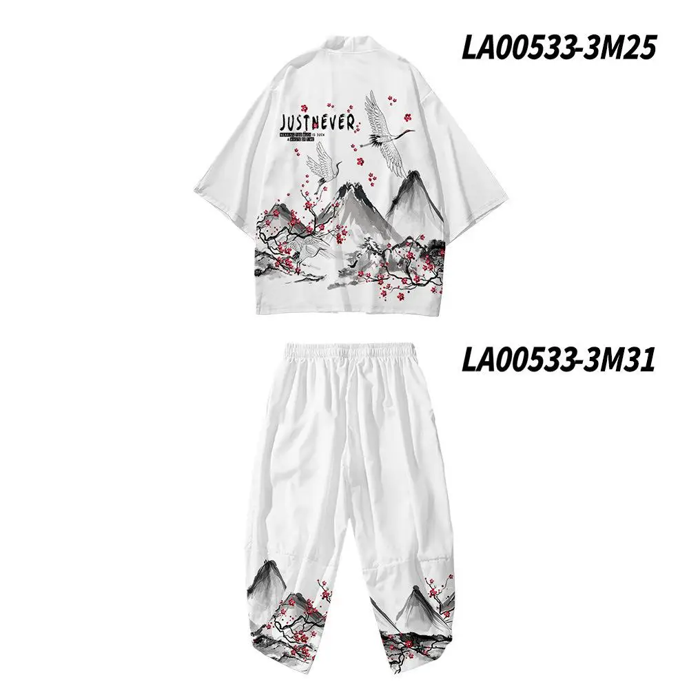 Lounge Print Crane Men Robe Sets Casual Summer 3/4 Sleeve Tao Robe Pant Pajamas Suit Sleepwear Chinese Style Underwear Home Wear