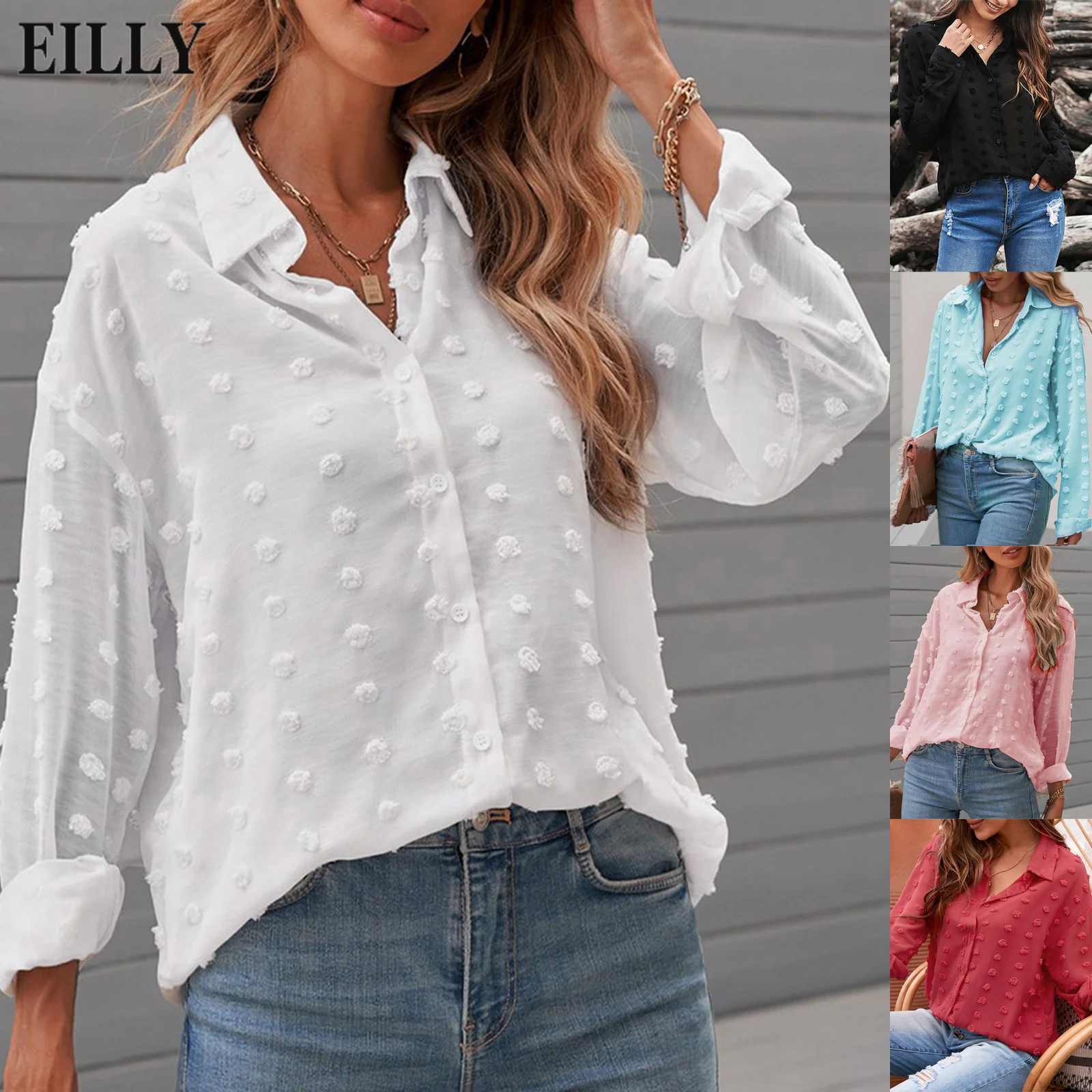 Однотонная женская рубашка белая тонкая с длинным рукавом и отложным воротником