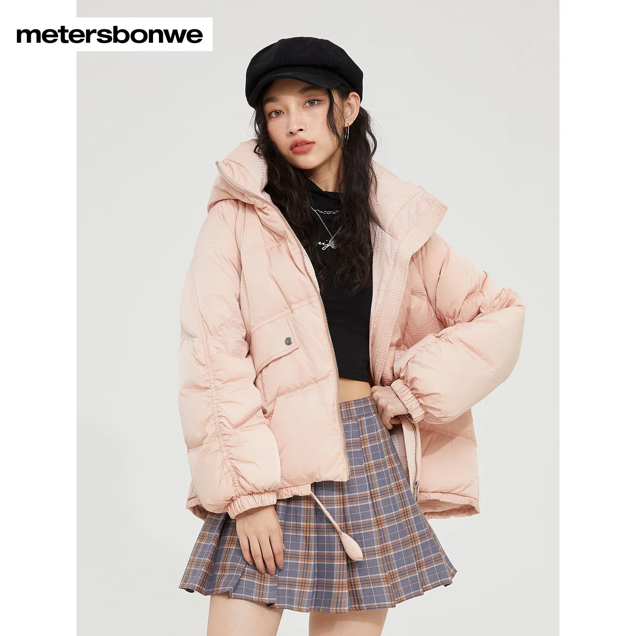 Metersbonwe Women's 22New Winter Arc Quilted Stand Collar Hooded Down Jacket Pure Color Short Loose Thick Warm Wear 80%Duck Down