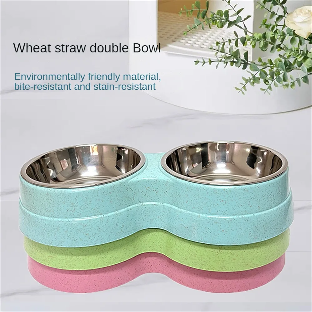 

Bite And Dirt Resistance Double Pet Pet Food Bowl Small Size Straw Pet Drink Food Universal Cat Food Puppy Feeding Supplies