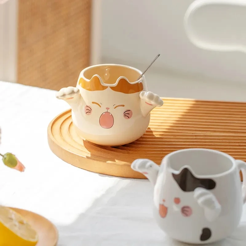 Cartoon Ceramic Cute Cat Mugs With Spoon Creative Cat Paw Mug Coffee Tea Milk Oatmeal Cup Large Capacity Animal Cups Funny Gift