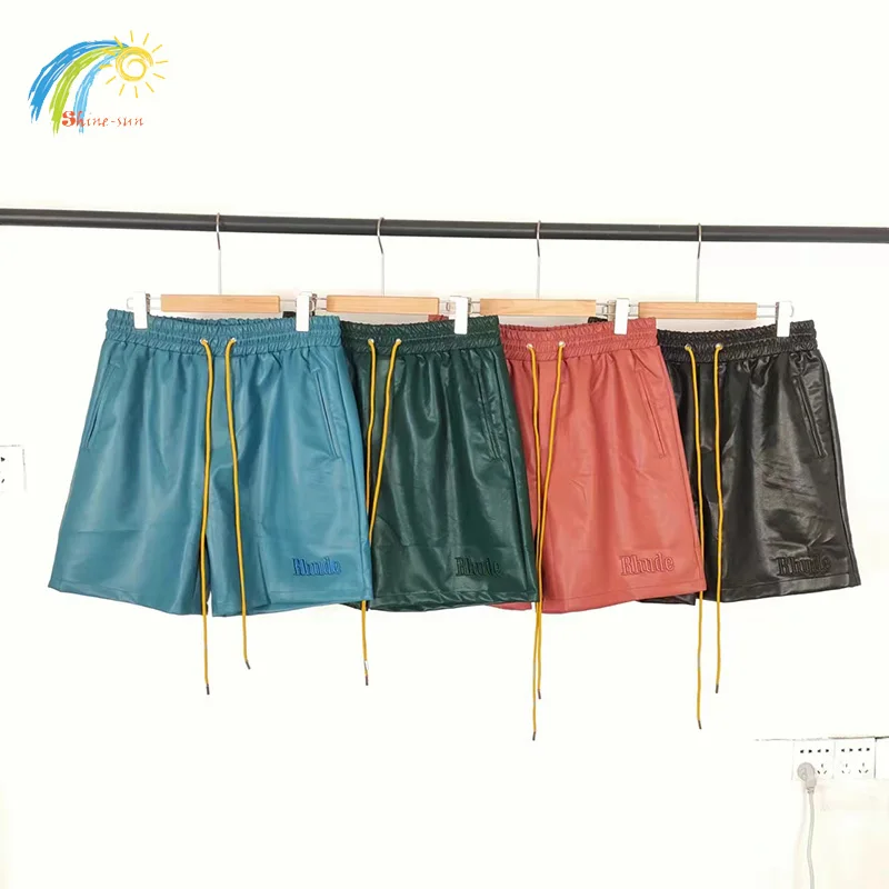 

Шорты 23SS мужские/женские с вышивкой, Классические шорты из экокожи ревеня, с кулиской и бирками, цвет зеленый/черный/бордовый