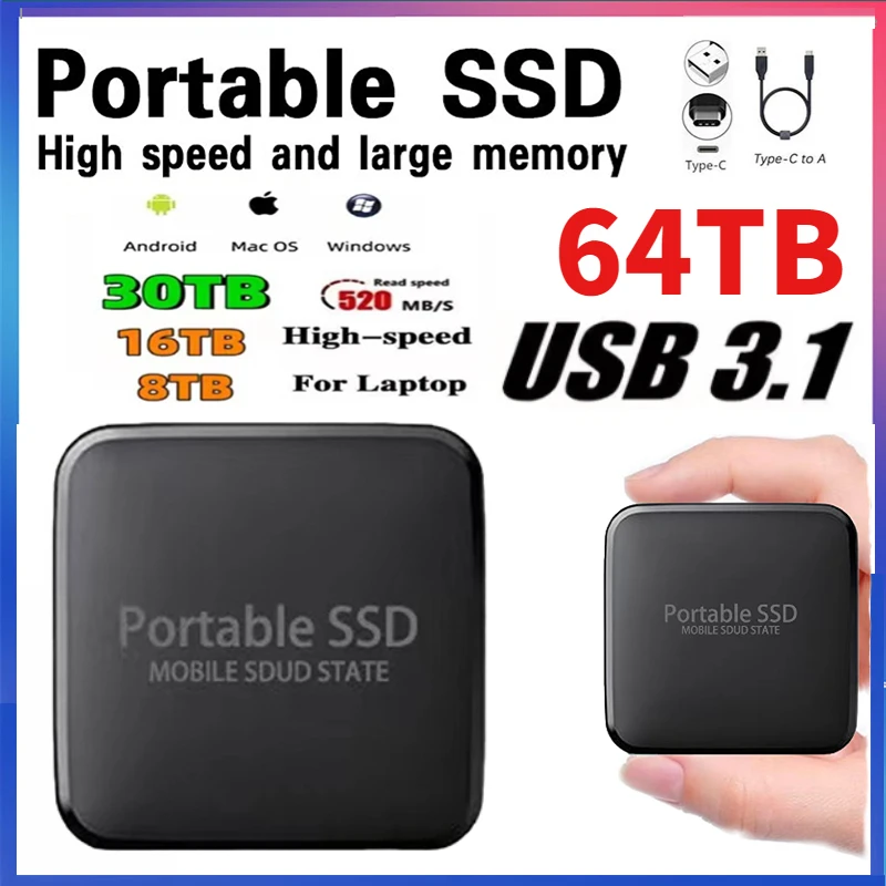 

64TB Portable SSD 16TB High-speed Mobile Solid State Drive Type-C USB 3.1 Hard Disks External Storage Decives for Laptop/PC/ Mac