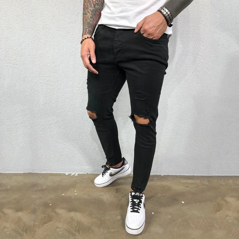 High quality street men's European and American men's ripped elastic skinny jeans torn trousers youth student casual trend pants
