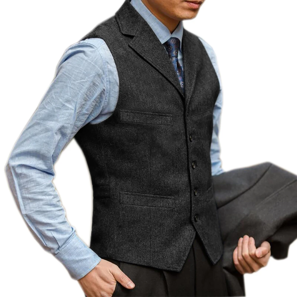 

Men's Vest Black Tailored Collar Tweed Wedding Wool Herringbone Male Gentleman Business Waistcoat Retro Tooling Waistcoat 2022