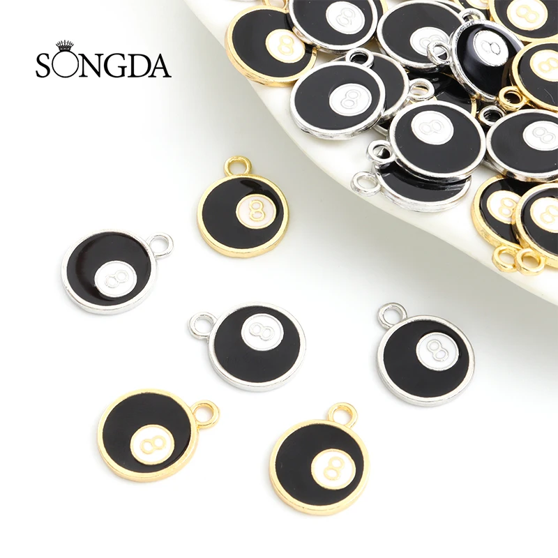 

10pcs Billiards Black Ball 8 Enamel Charms Trend Round Alloy Drip Oil Pendants For Making DIY Handmade Souvenir Gift Accessories