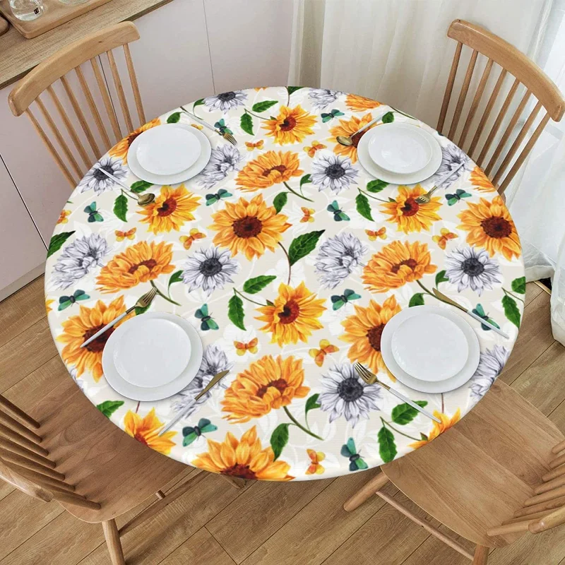 

Эластичная круглая Натяжная скатерть в виде подсолнуха, домашняя декоративная скатерть для дома, улицы, кухвечерние