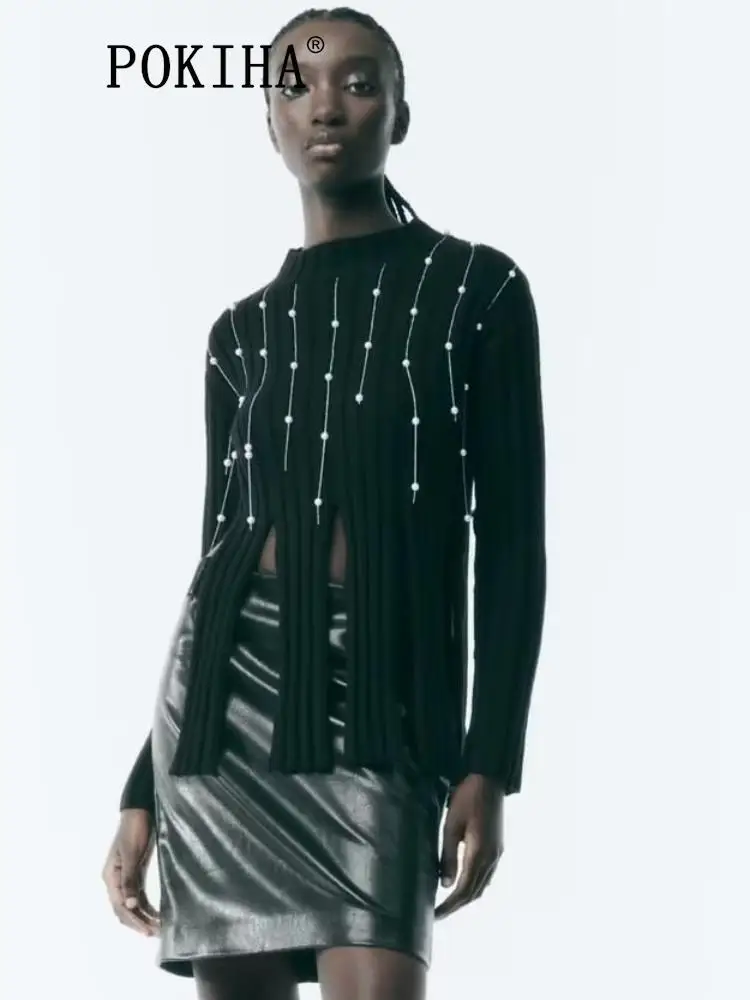 

Pokiha Fashion Women New Elegant Beading Cut Out Knitted Sweater Vintage Casual O-Neck Long Sleeve Female Pullovers Chic Tops