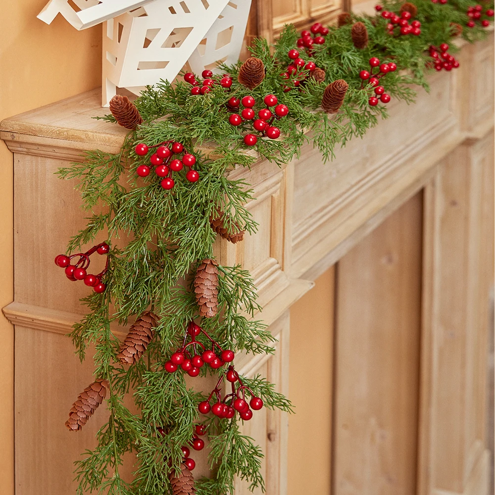 

PARTY JOY 2M Christmas Pine Vine Garland with Red Berries Rattan Home Party Wall Door Decor Christmas Tree Ornaments Xmas Wreath