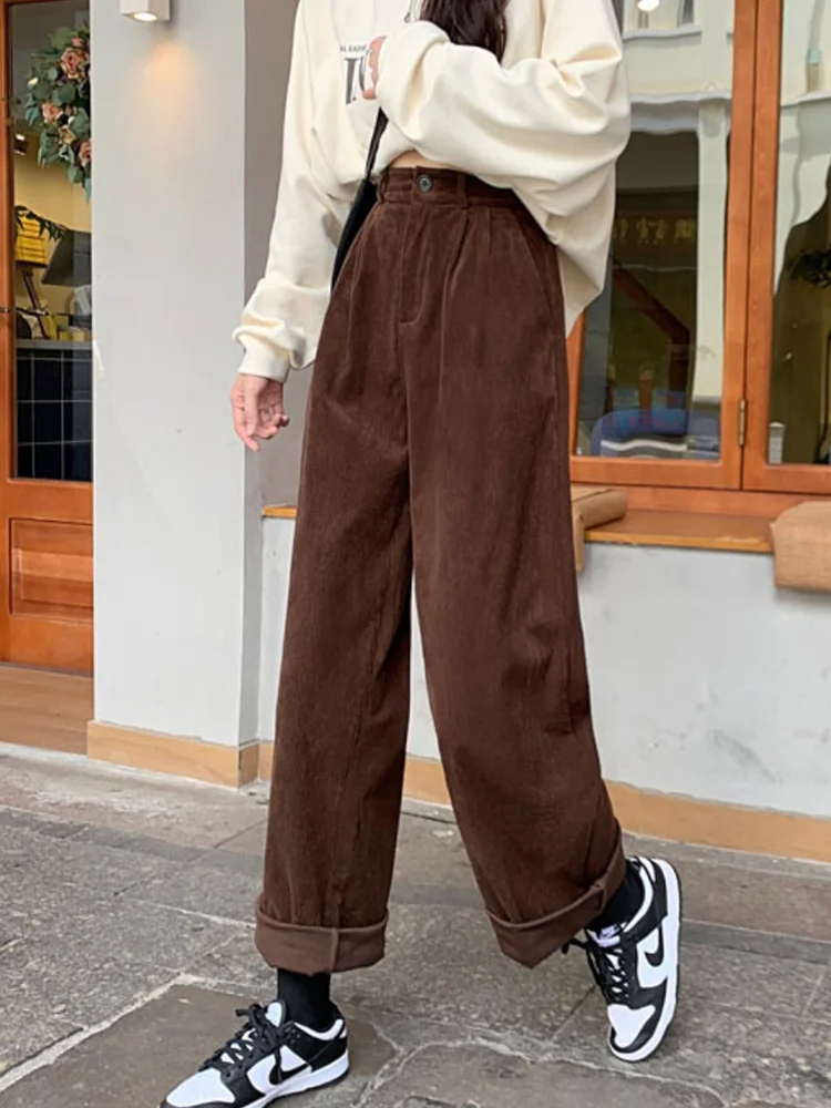

Vintage Women Corduroy Pants Spring High Waist Straight Trousers Casual Korean Cotton Black Work All Match Brown Pants New