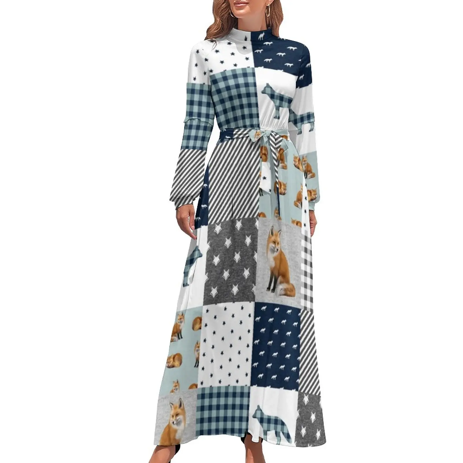 

Funny Fox Art Dress Animal Plaid Print Aesthetic Boho Beach Dresses Ladies Long Sleeve High Waist Party Long Maxi Dress