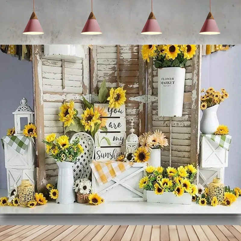 

Spring Sunflower Wood Portrait Backdrop Rustic Birthday Summer You are My Sunshine Photography Background Wedding Party Banner