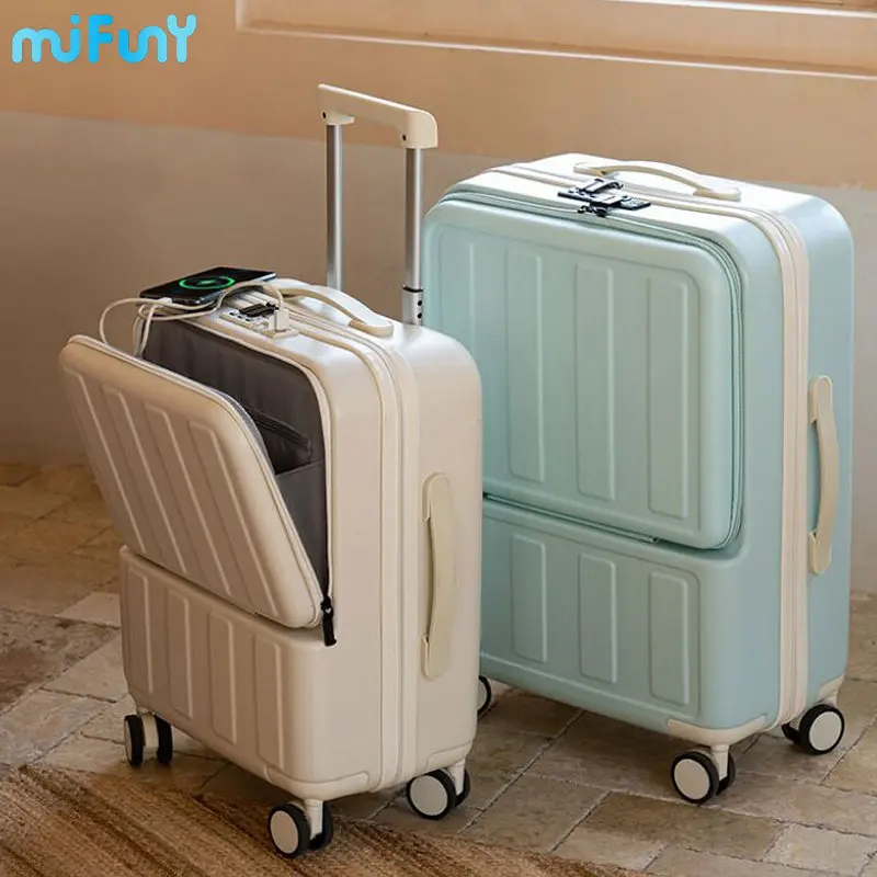 MIFUNY Front Open Password Luggage with USB Interface Pull Rod Trunk Travel Suitcase Carry on Luggage with Wheels Boarding Box