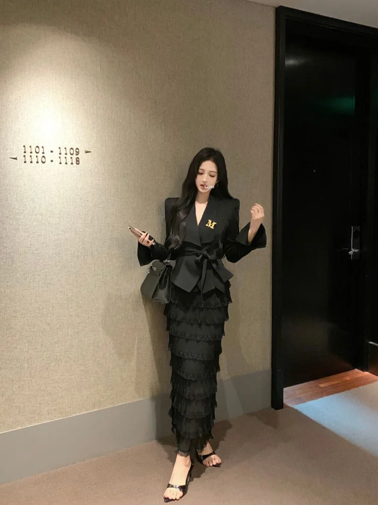 Qiake Girl ~ Женский черный топ с лацканами High Sense осень 2023 шикарный нестандартной