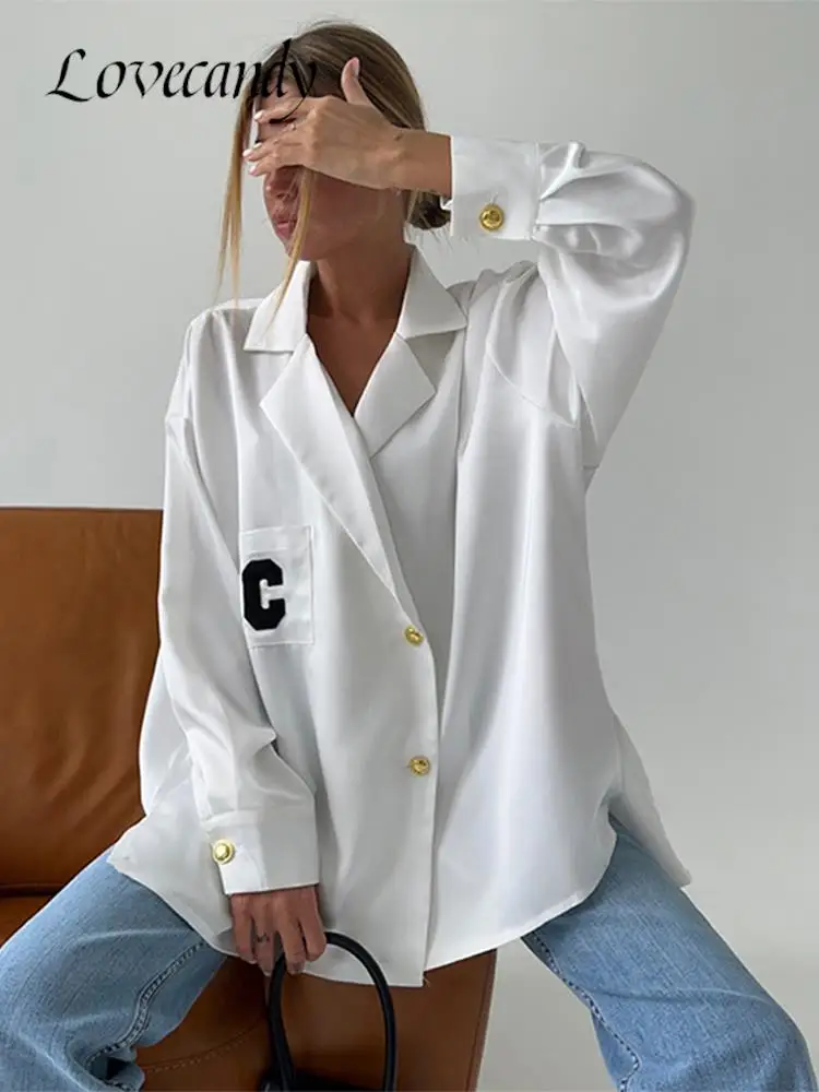 

Рубашка Женская атласная с надписью, однобортный Топ свободного покроя с лацканами, элегантная шикарная офисная блузка оверсайз, на весну