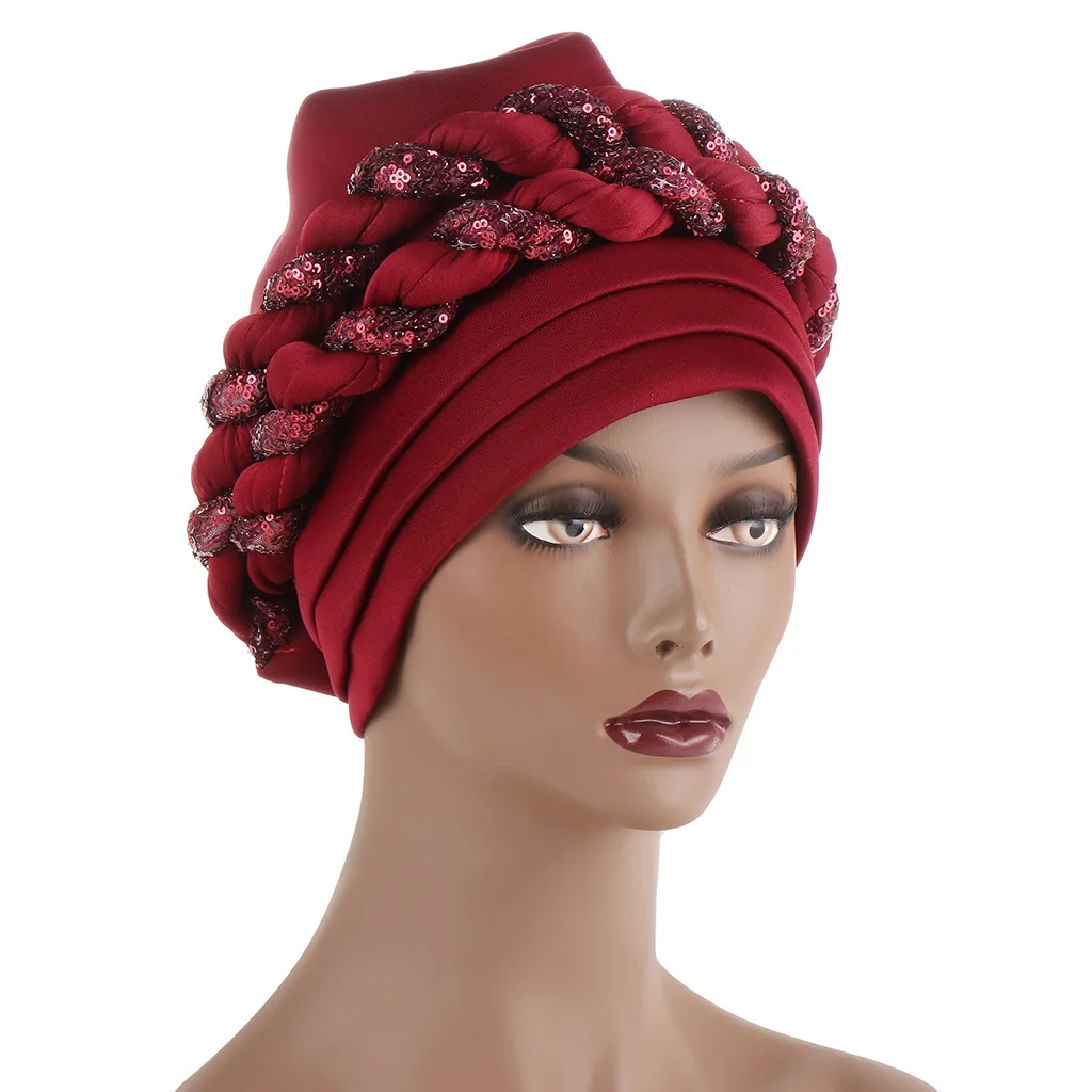

2022 New African Headtie Fashion Sequins Braids Women's Turban Cap Muslim Headscarf Bonnet Ready to Wear Hijab Wedding Hat