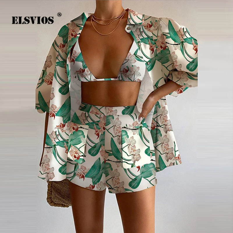 

Fashion Casual Printed Three Piece Sets For Women Summer New Commute Elegant Buttons Cardigans Shorts Suits Lady Beach Party Set