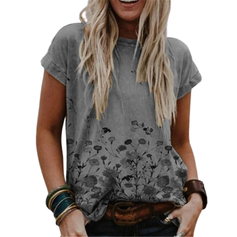 

2022 Women Floral Print T-shirt Casual Short Sleeve O-Neck Plus Size 5XL Blouse Female Streetwear