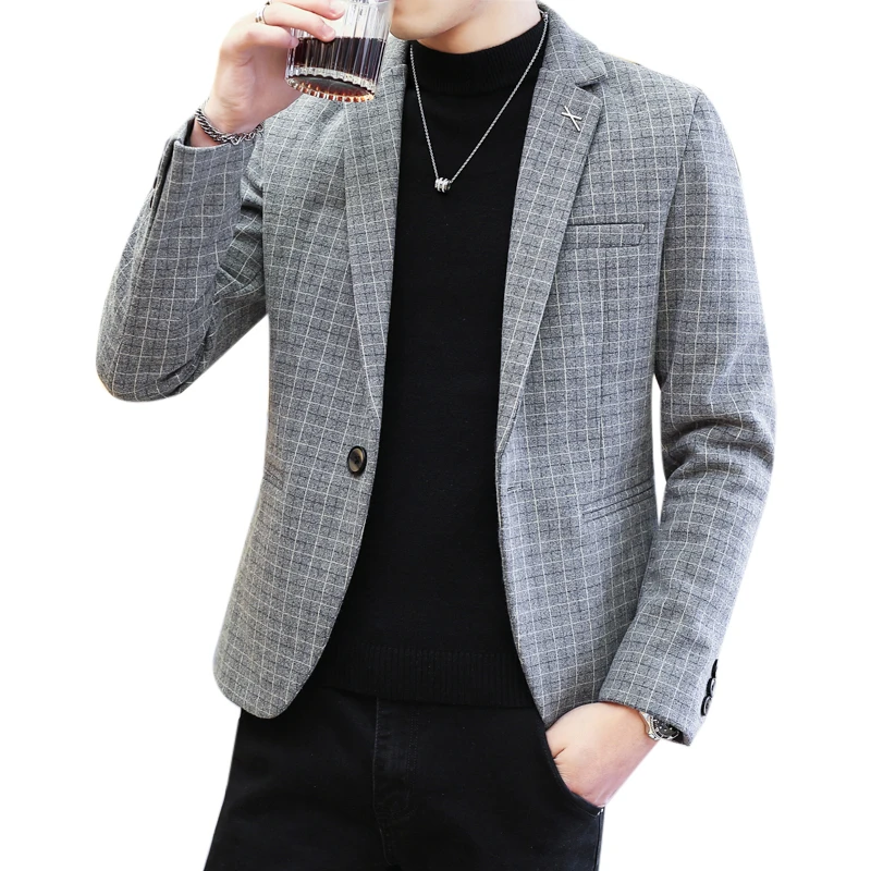 

Autumn and Winter New Mens Business Plaid Suit Gray/Khaki Friends Gathering Dress Blazers Homme Jacket
