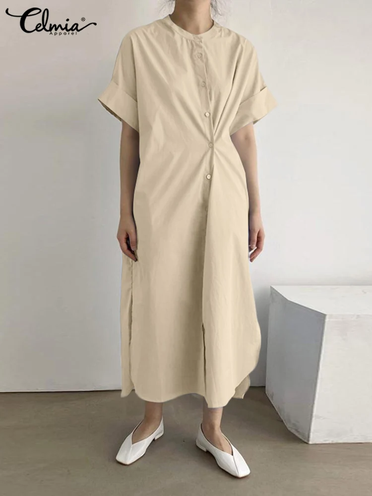 

Celmia Vintage Slit Hem Shirt Dress Casual Loose Summer 2022 Party Short Sleeve Long Robe Women Cotton Solid Fashion Maxi Dress